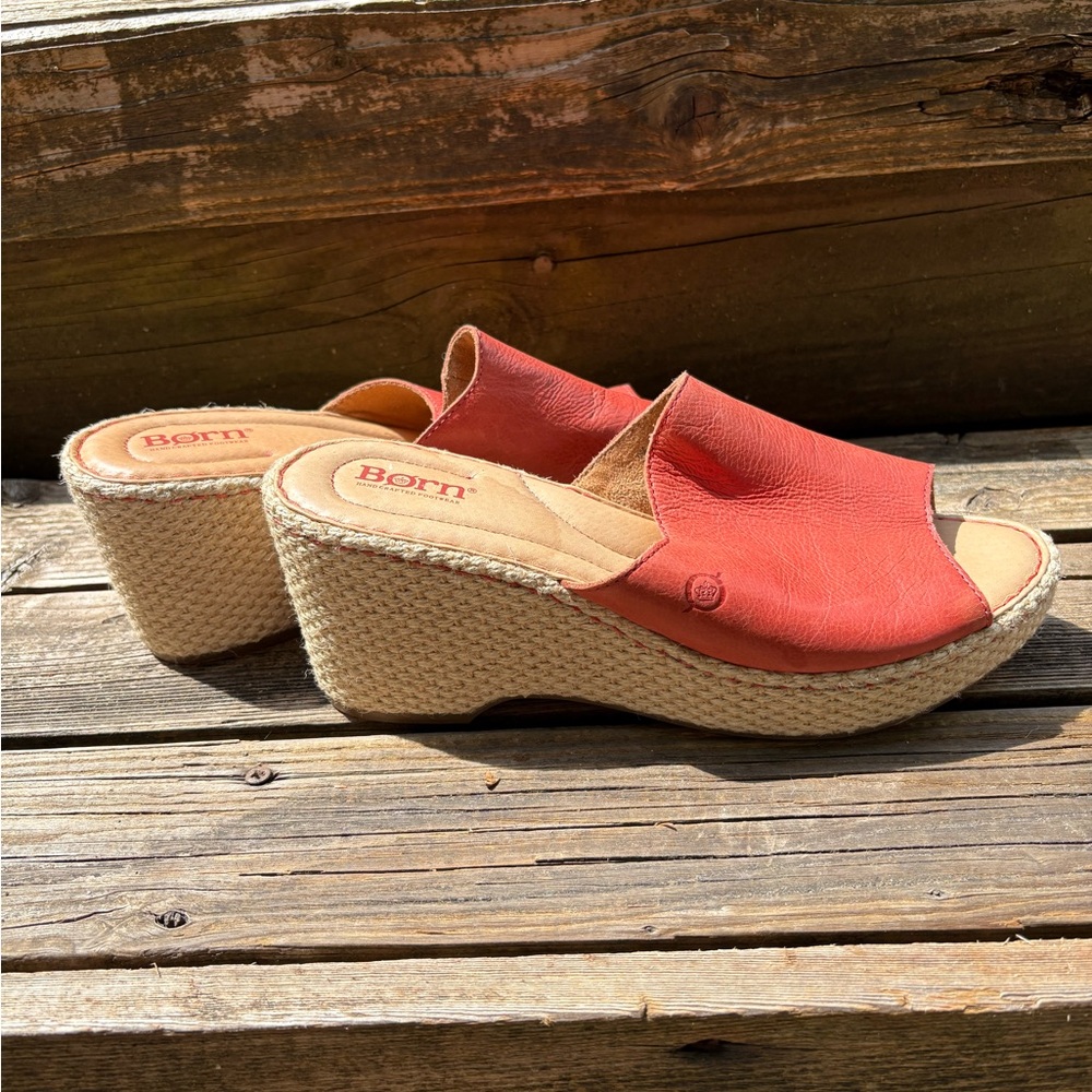 Born Red and Tan Open Toes Wedge Espadrilles size 9